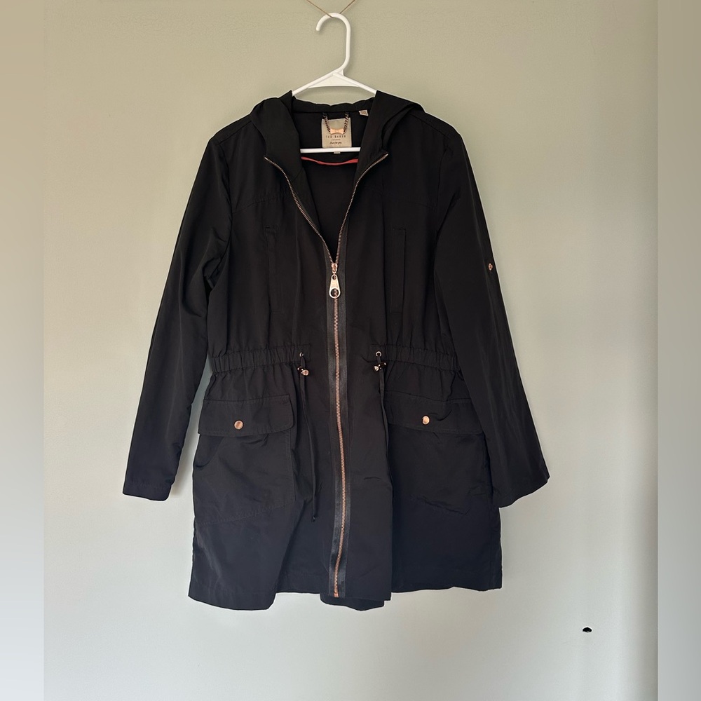 Ted Baker Black Hooded Utility Jacket with Rose-Gold Accents, Size 5 (US 12) EUC